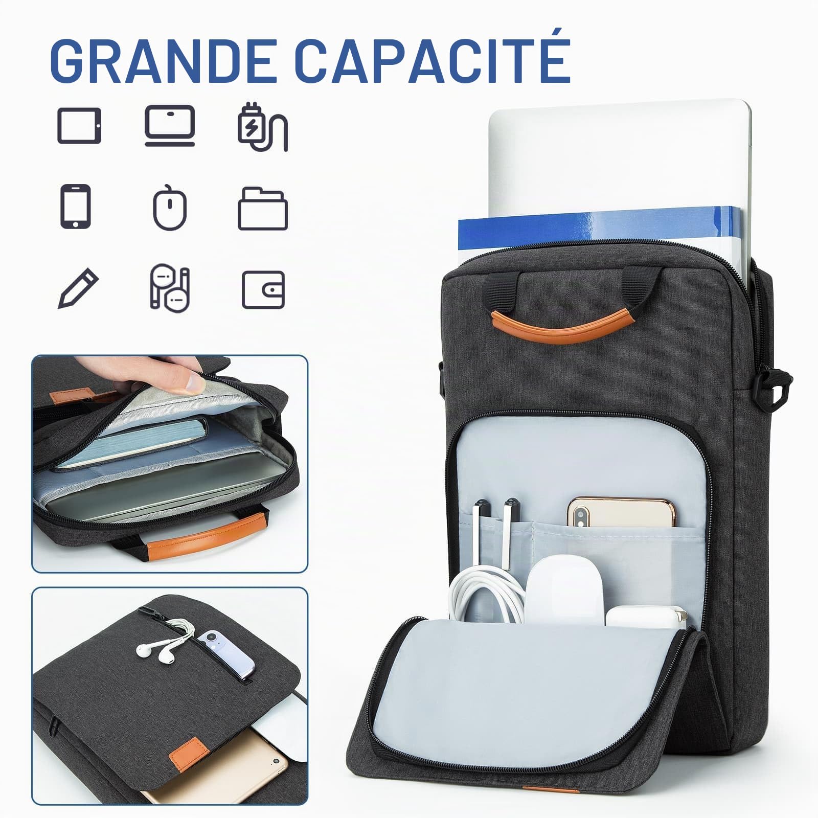 jooeer 14 pouces housse PC bandoulière gris foncé