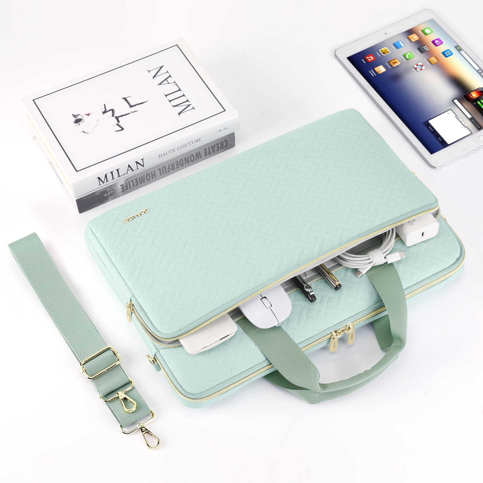 DOMISO sacoche ordinateur 15,6 pouces menthe bandoulière zip doré