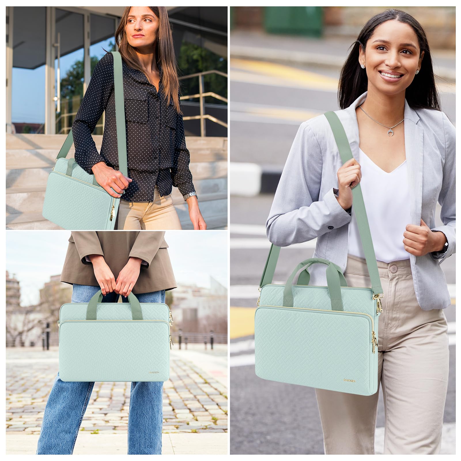 DOMISO sacoche ordinateur 15,6 pouces menthe bandoulière zip doré