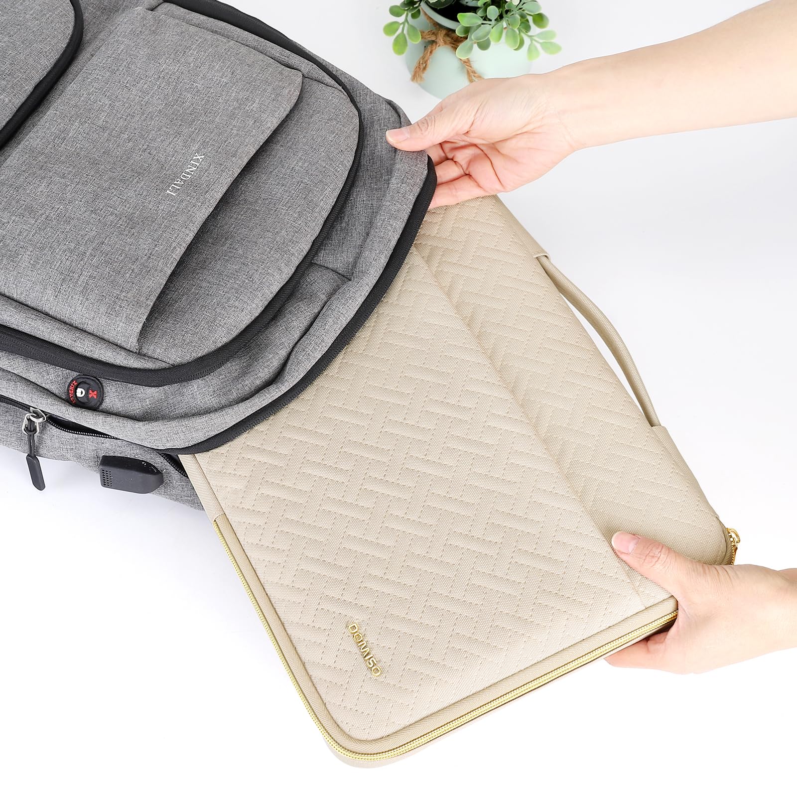 DOMISO 16 Pouces Housse Ordinateur Portable Beige Zip Doré