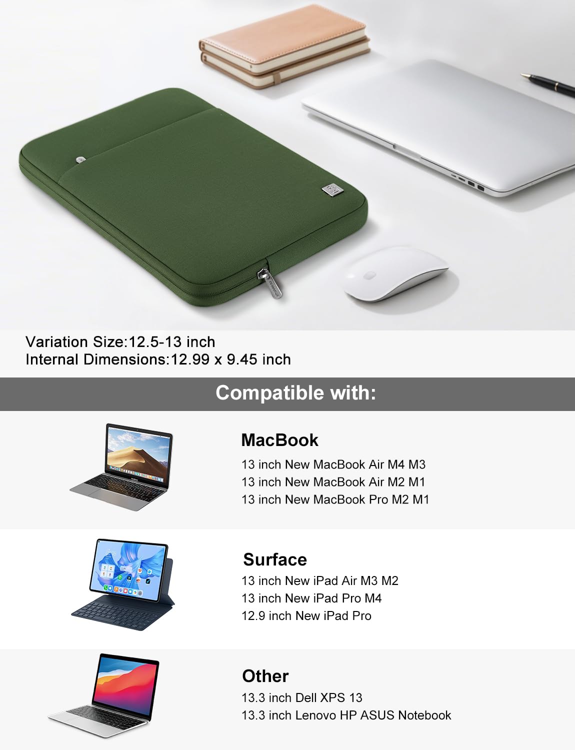 Domiso LP08 housse PC 13 pouces vert avocat imperméable
