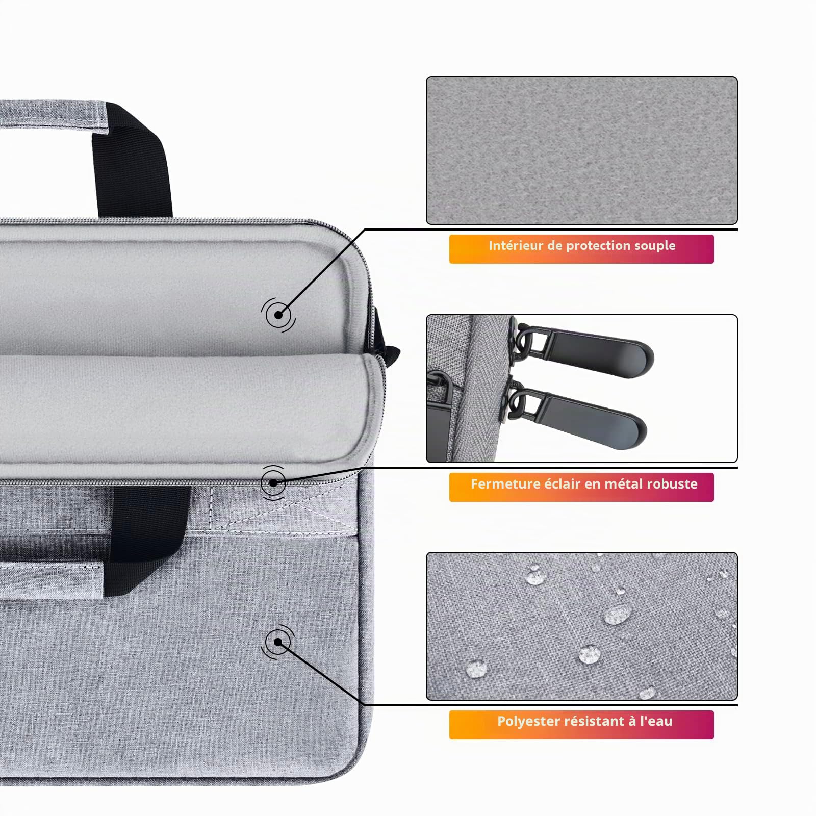 Jooeer pochette ordinateur 13/14/15" grise bandoulière imperméable