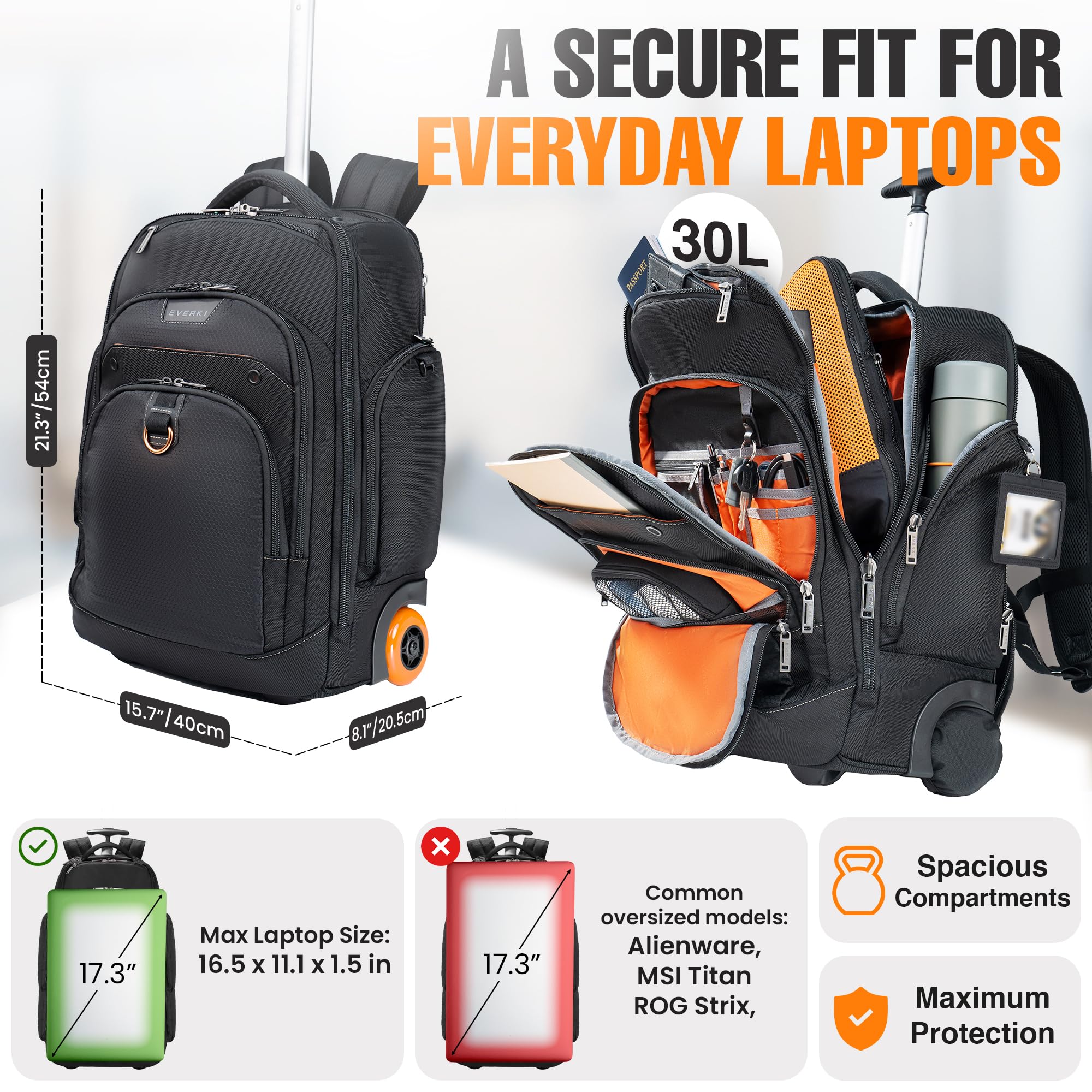 EVERKI Atlas Wheeled 2 EKP122B-ECO sac à dos roulettes 30L