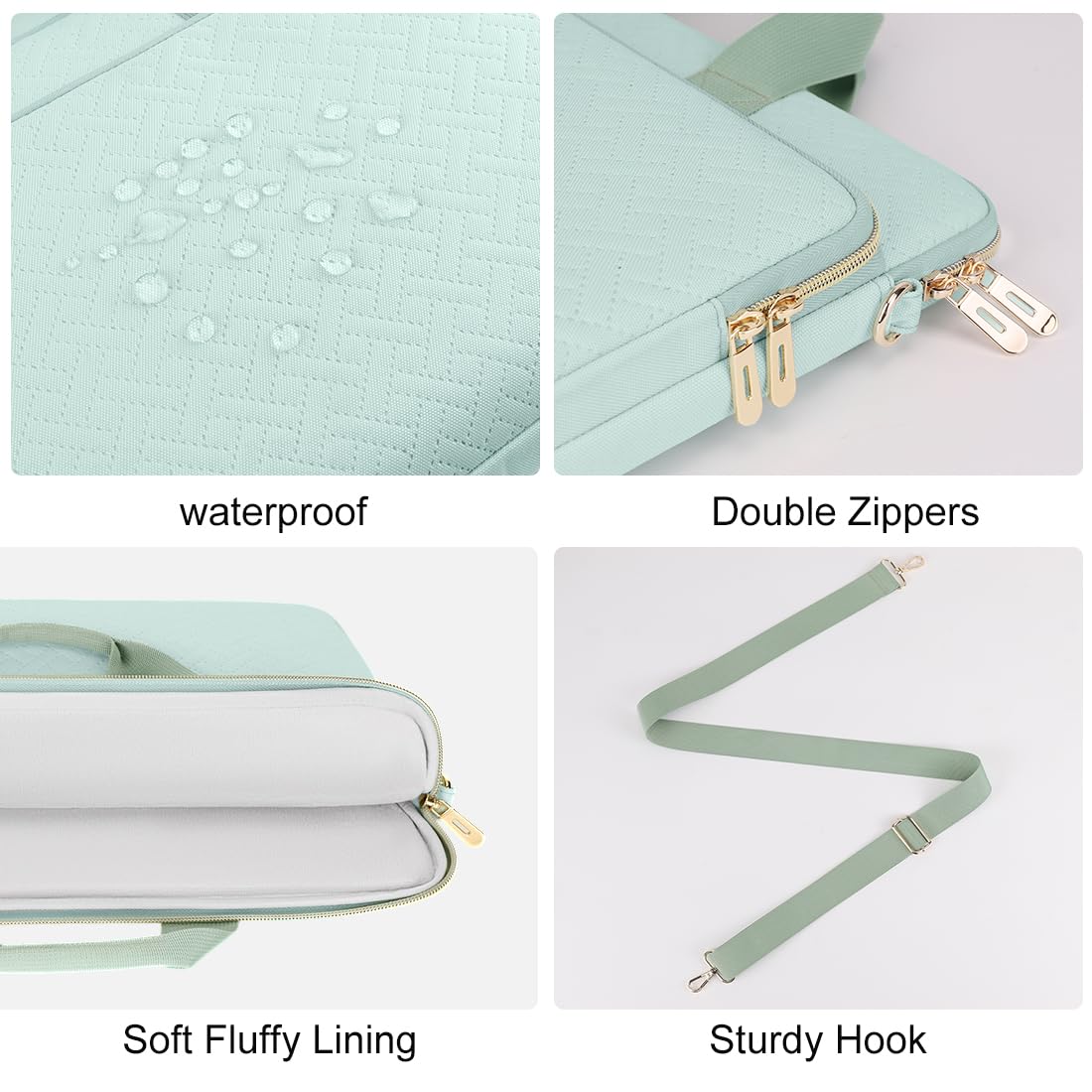 DOMISO sacoche ordinateur 15,6 pouces menthe bandoulière zip doré