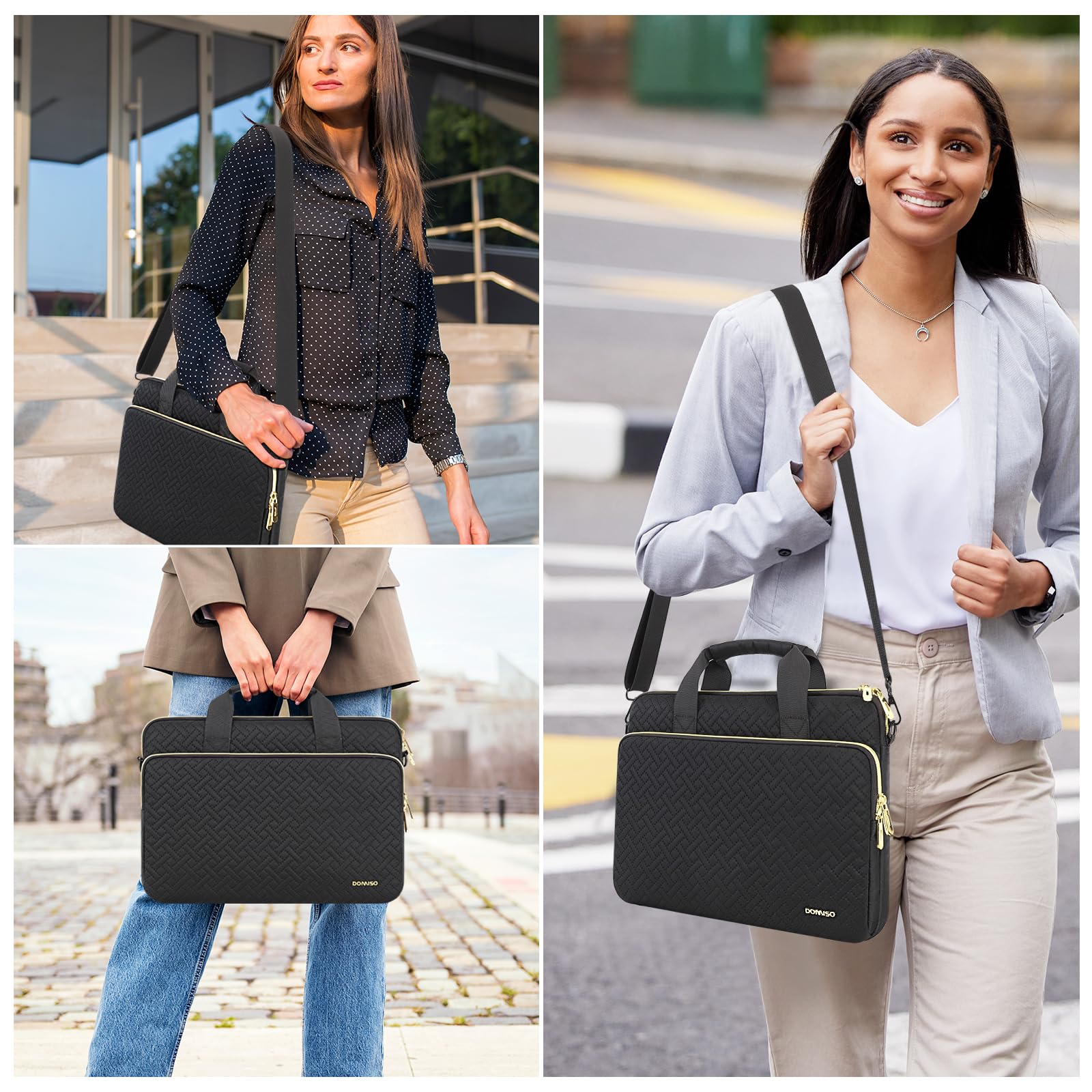 DOMISO 15,6 pouces sacoche ordinateur bandoulière noir zip doré