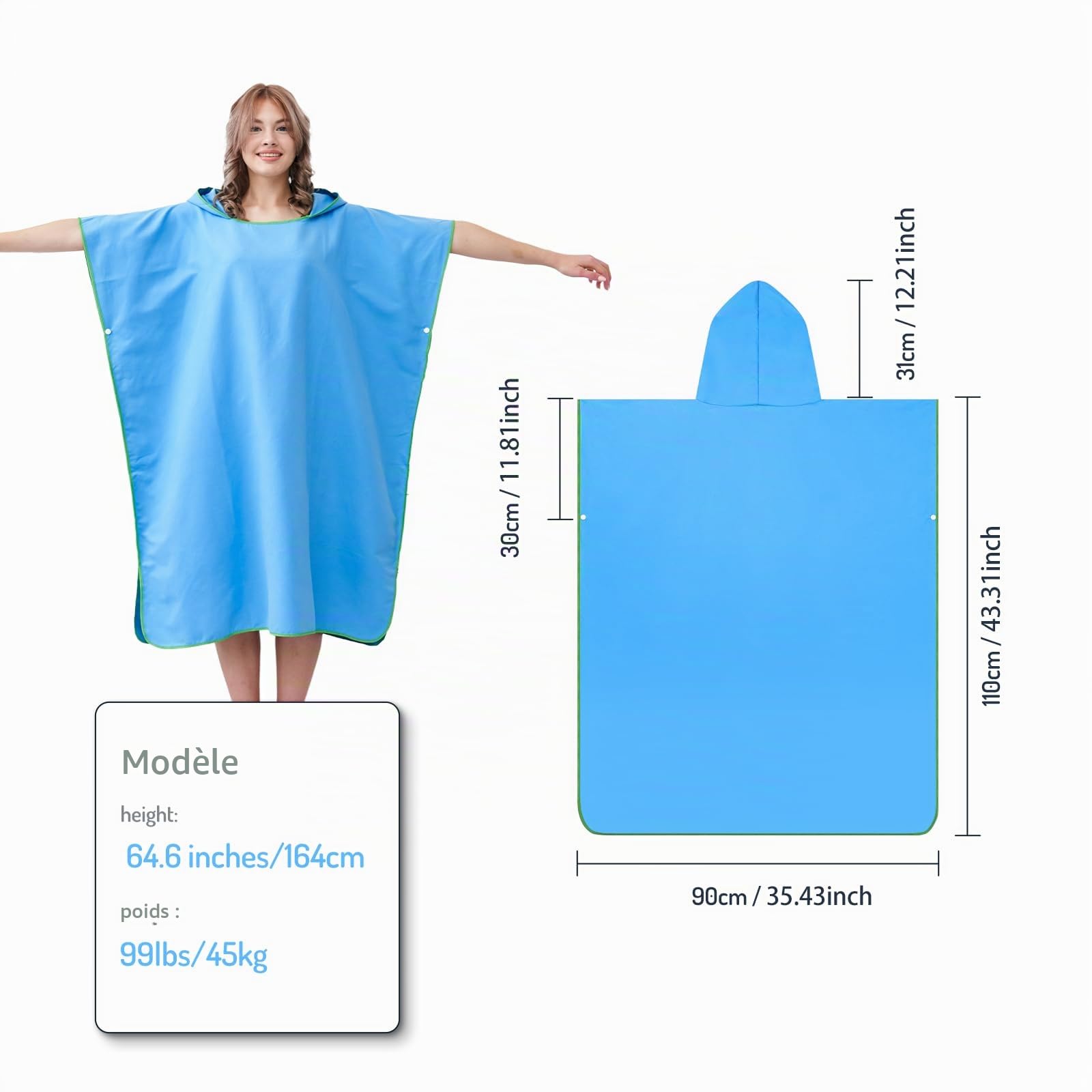 jooeer poncho surf microfibre adulte bleu capuche 110 cm