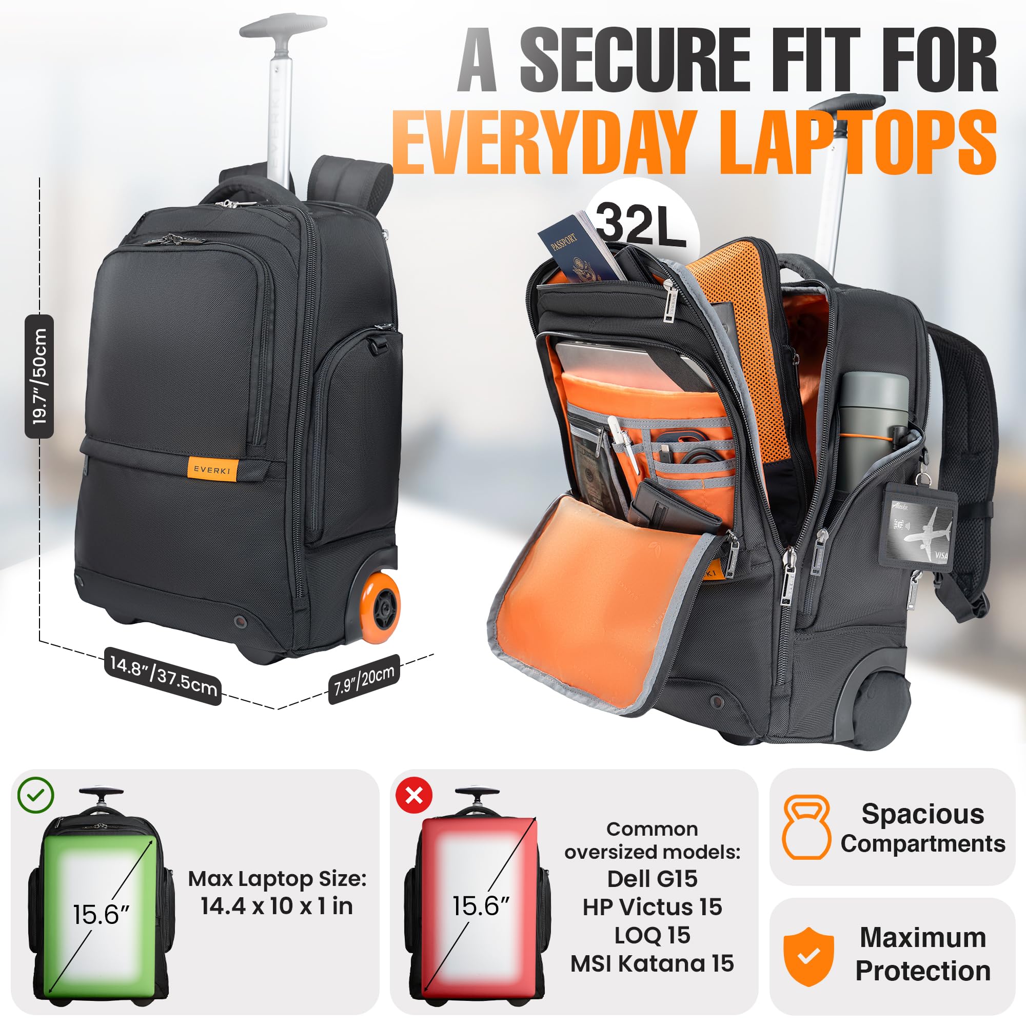 Everki Atlas Wheeled 123 sac à dos trolley 32L noir roulettes