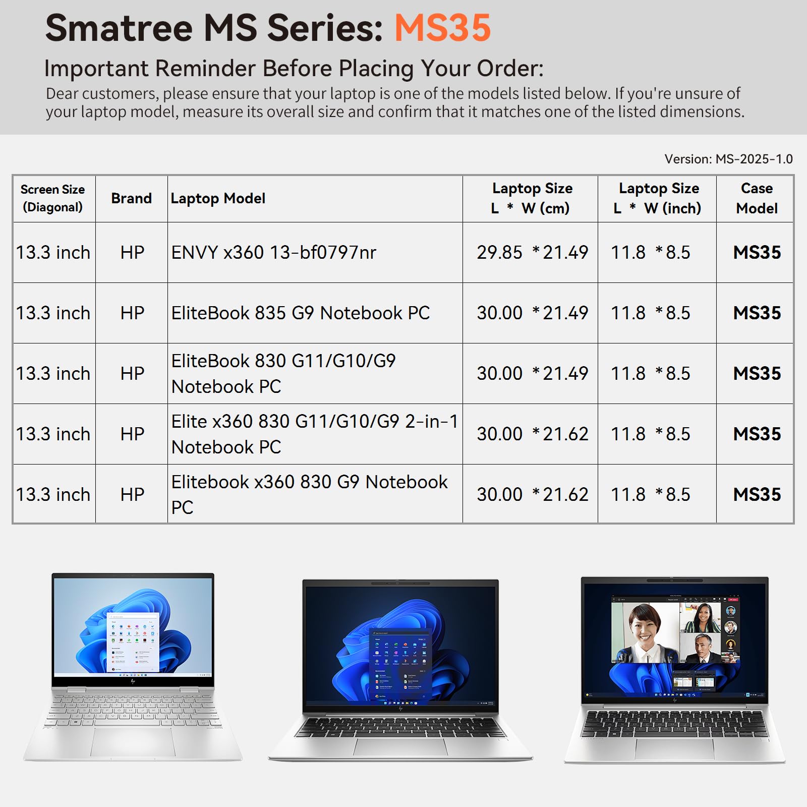 Smatree MS35 housse rigide 13,3 pouces HP Elite x360