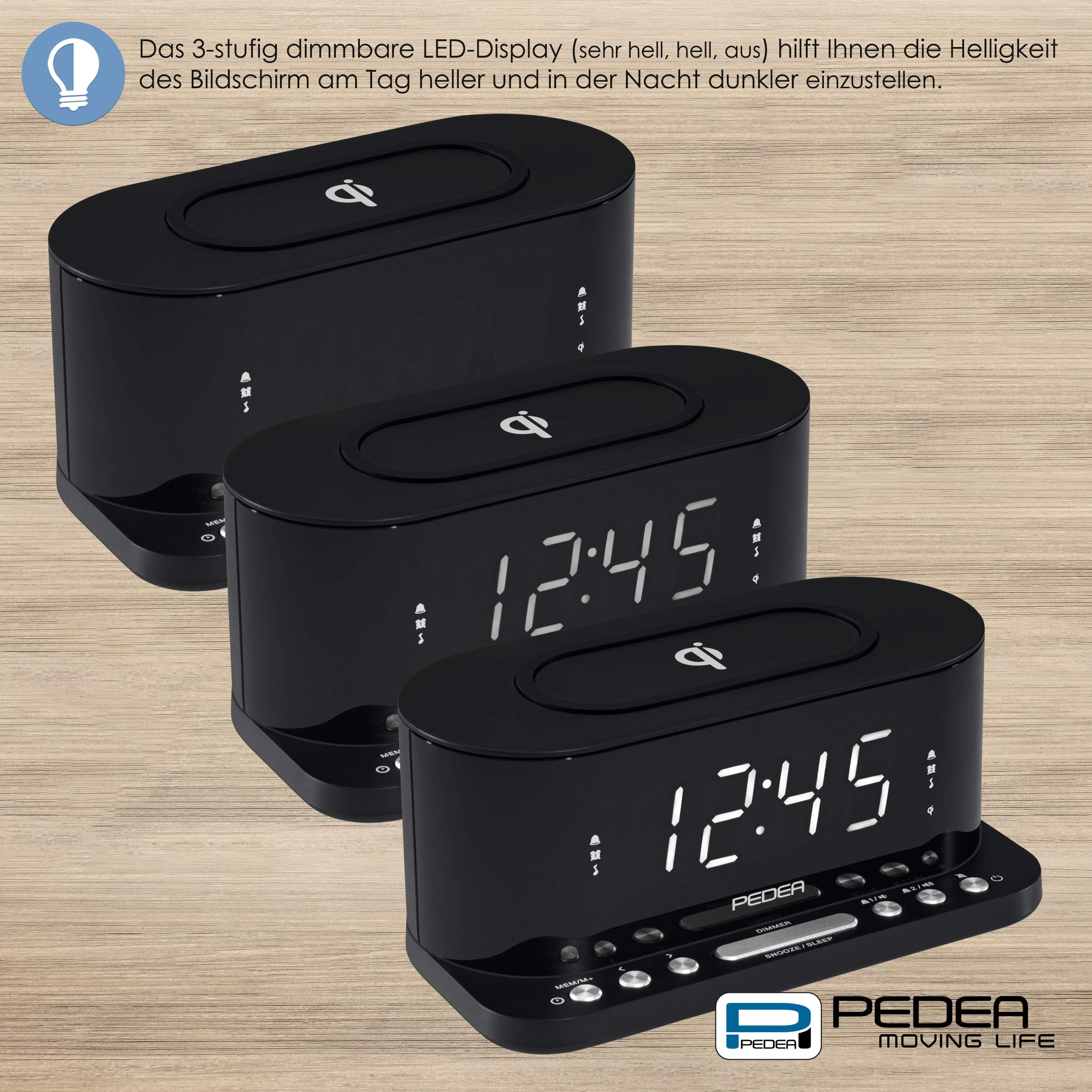 Pedea radio-réveil FM charge Qi noir double alarme