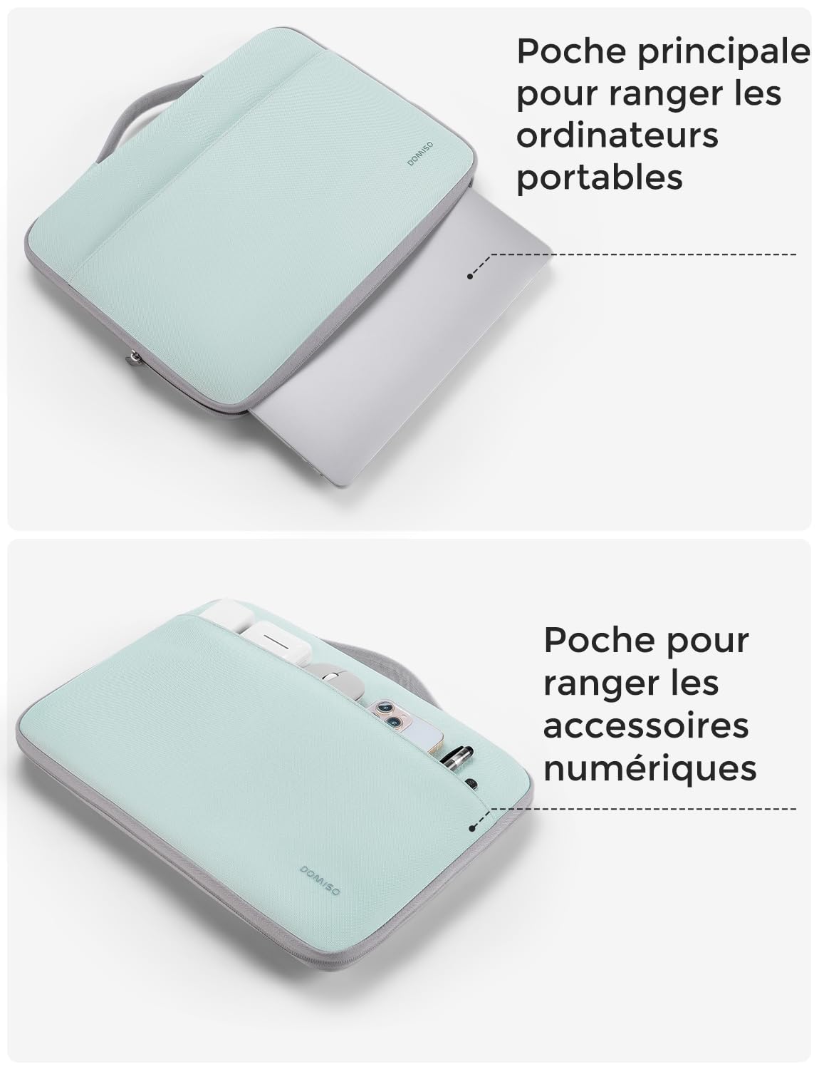 DOMISO 15,6 Pouces Housse Ordinateur Portable Menthe Verte Poches
