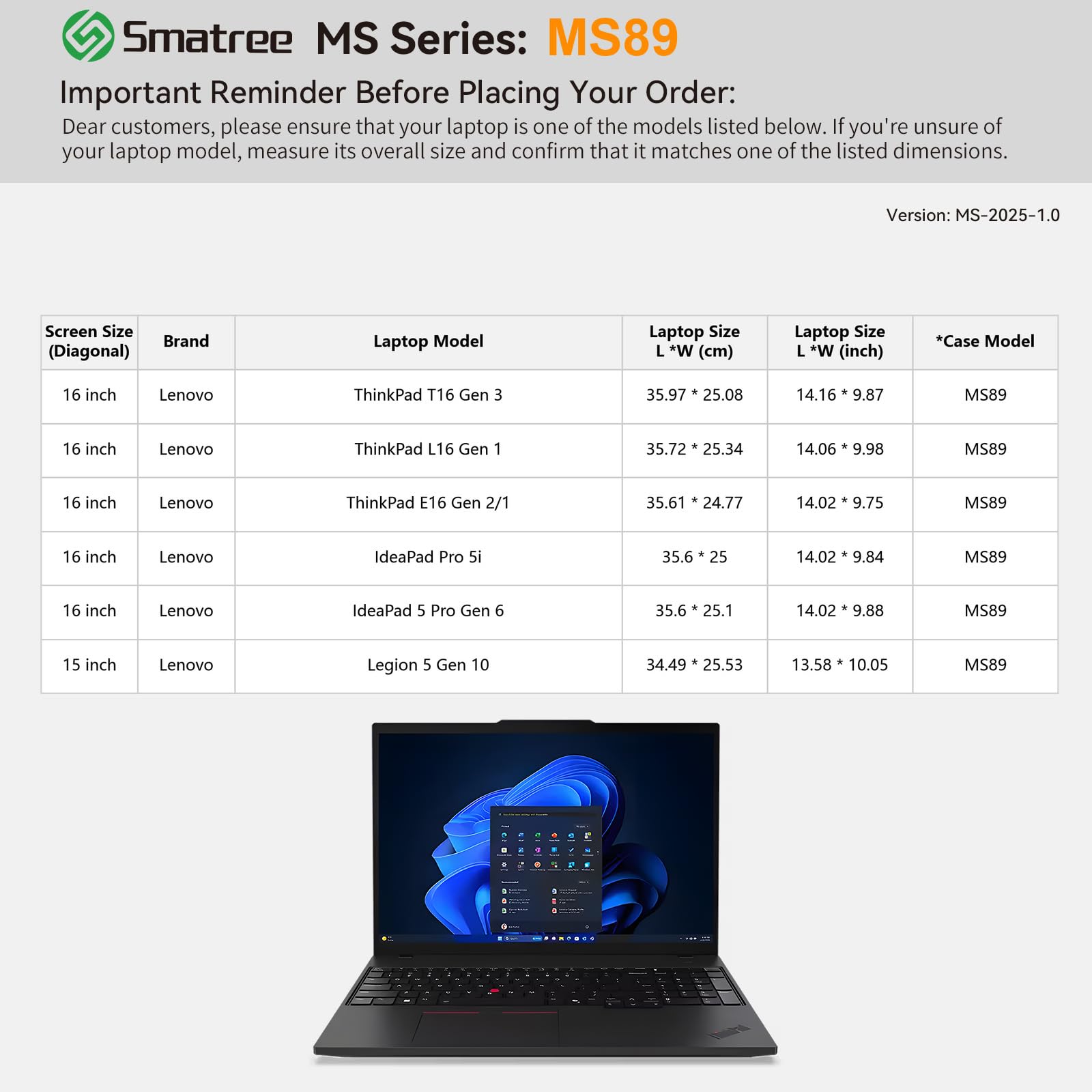 Smatree MS89 housse rigide 15-16" Legion ThinkPad noire
