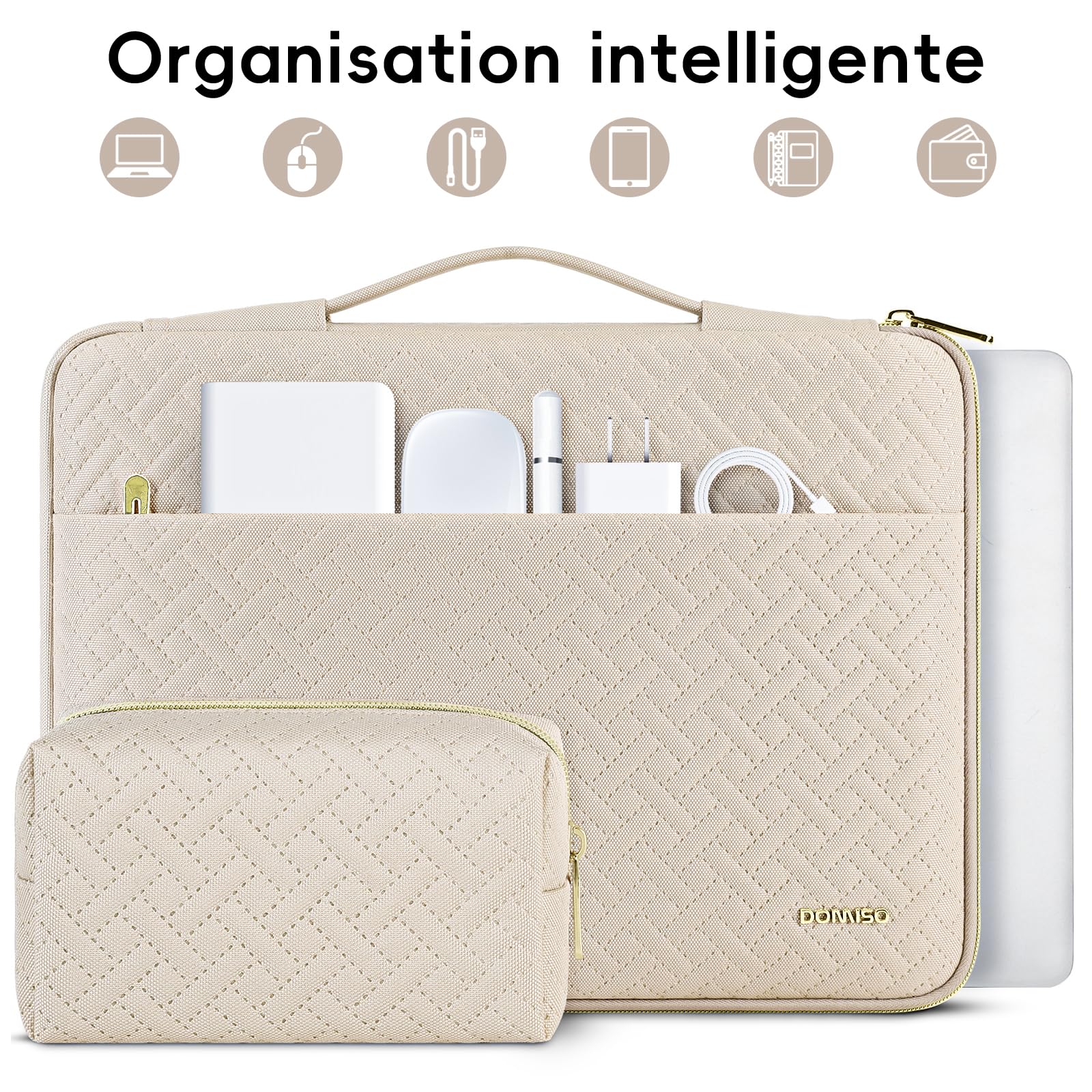 DOMISO 16 Pouces Housse Ordinateur Portable Beige Zip Doré
