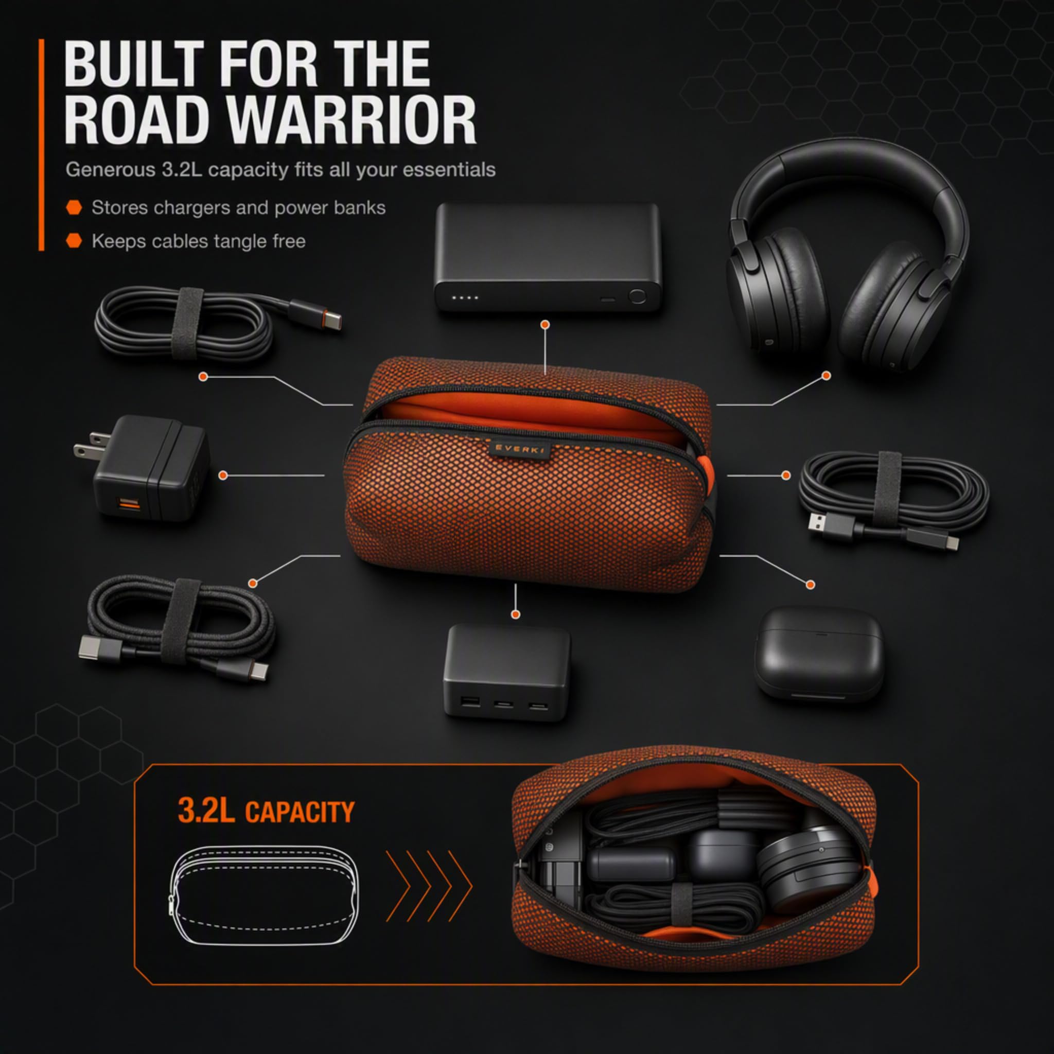 Everki Pouch EKF823 Pochette Câbles Orange Noir Maille