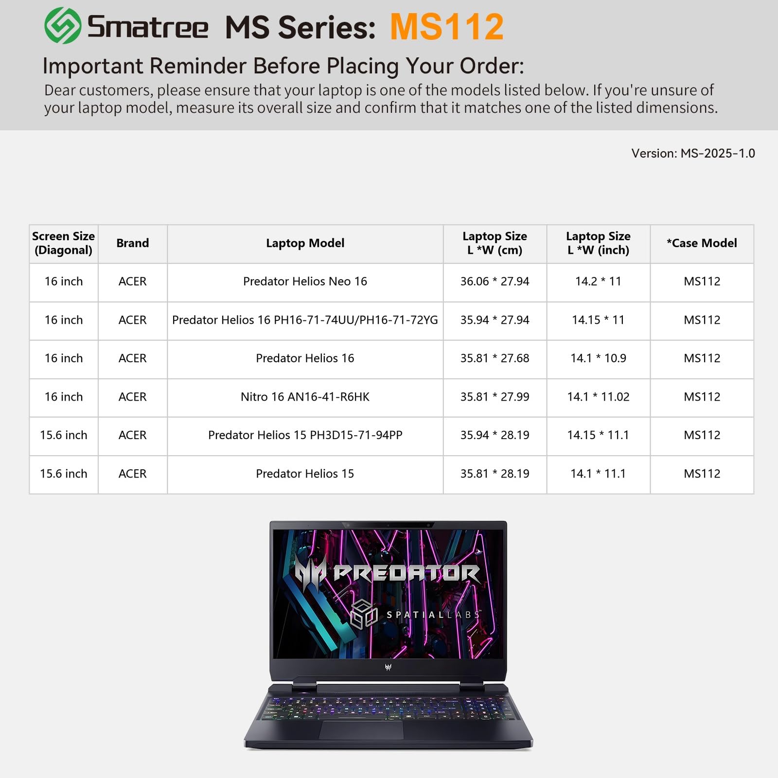 Smatree MS112 housse rigide 16" Acer Nitro Helios