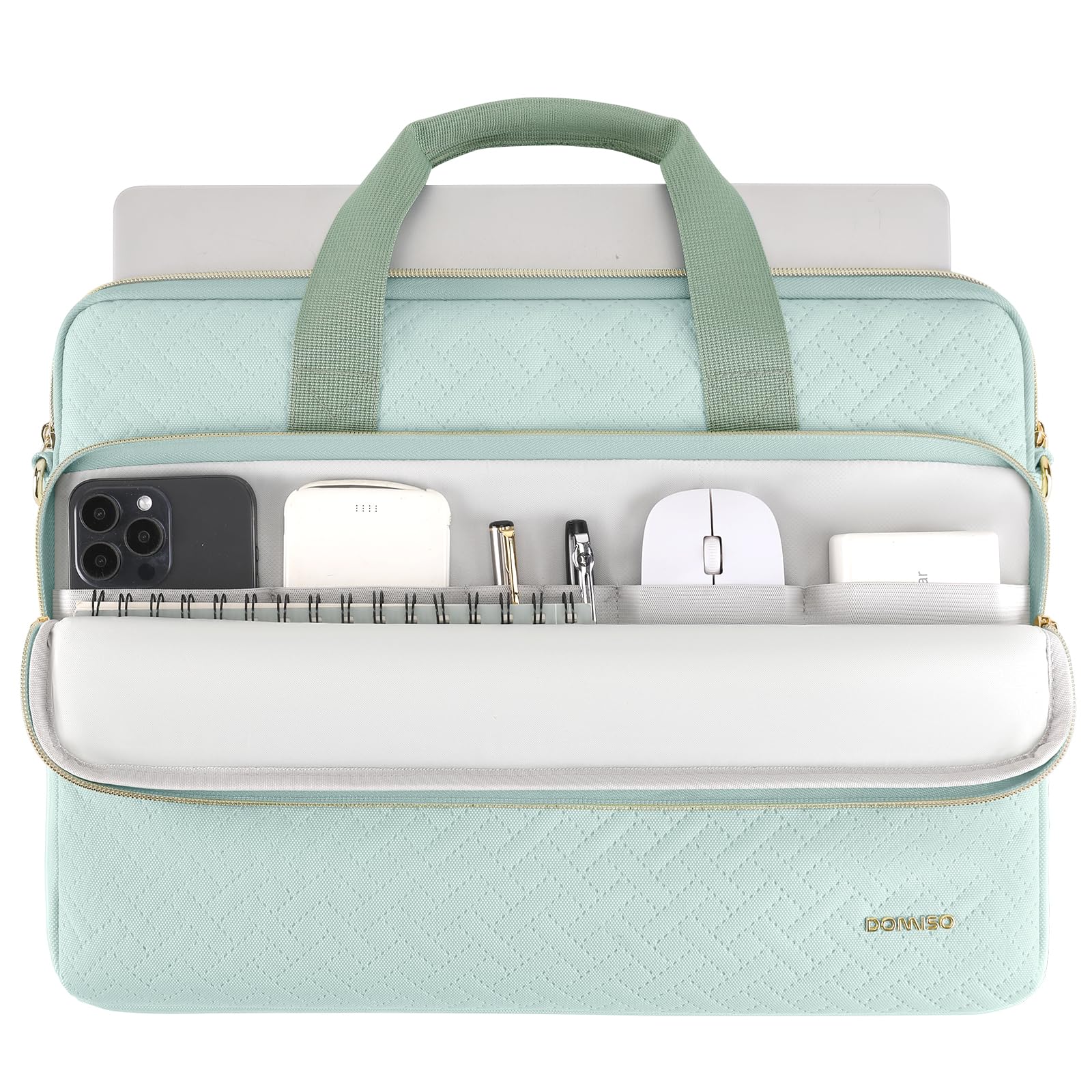 DOMISO sacoche ordinateur 15,6 pouces menthe bandoulière zip doré