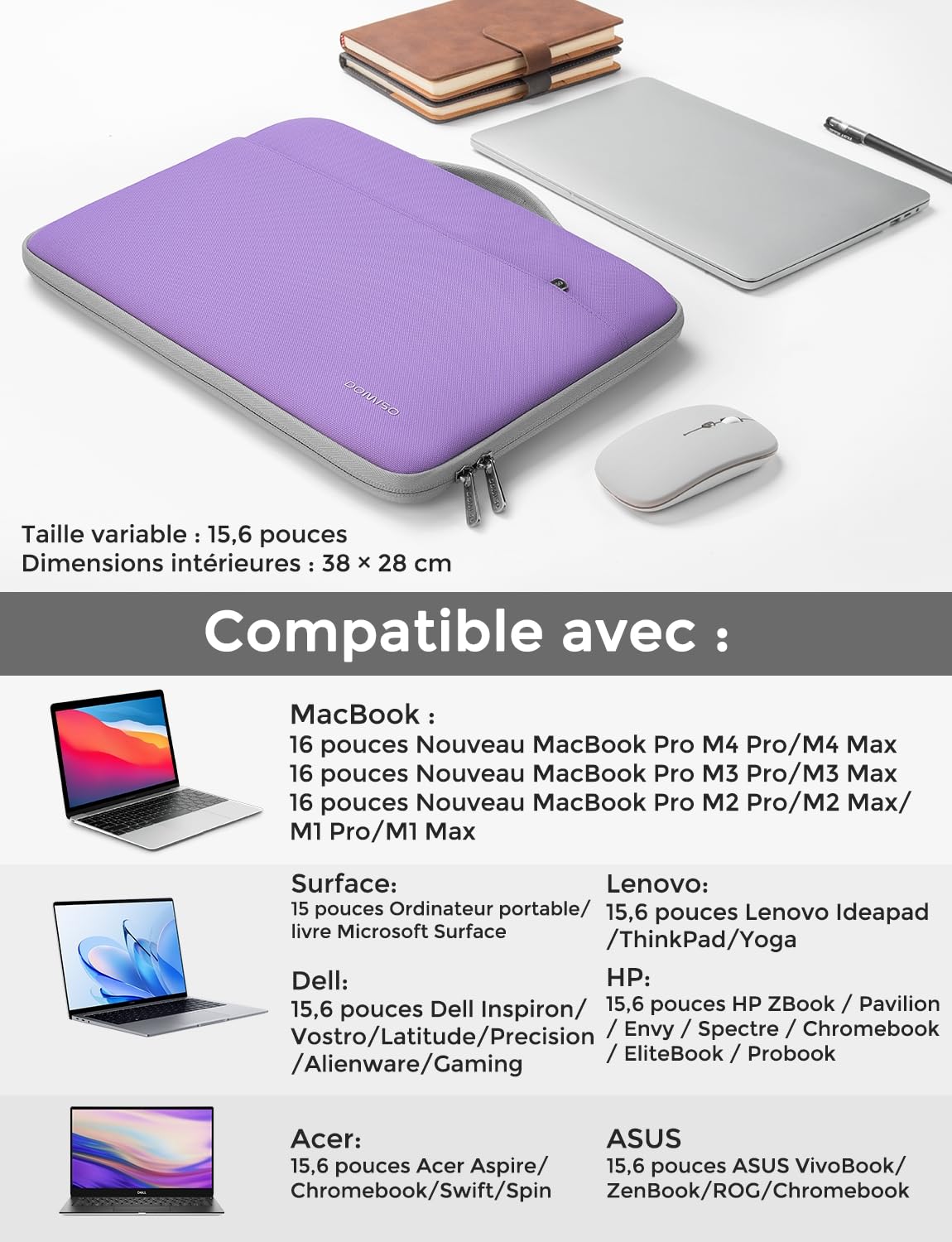 DOMISO housse ordinateur portable 15,6 pouces violet imperméable