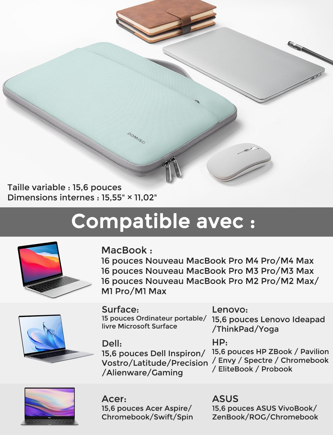 DOMISO 15,6 Pouces Housse Ordinateur Portable Menthe Verte Poches