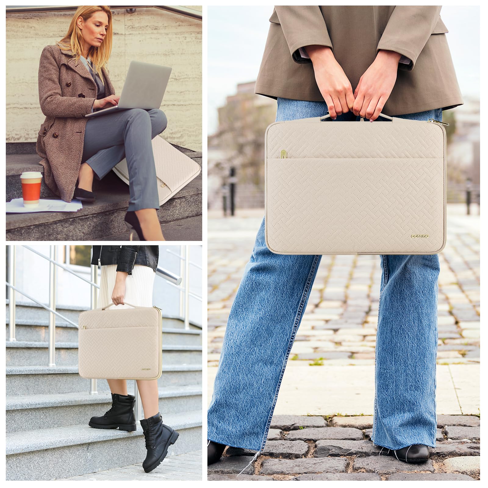 DOMISO 16 Pouces Housse Ordinateur Portable Beige Zip Doré