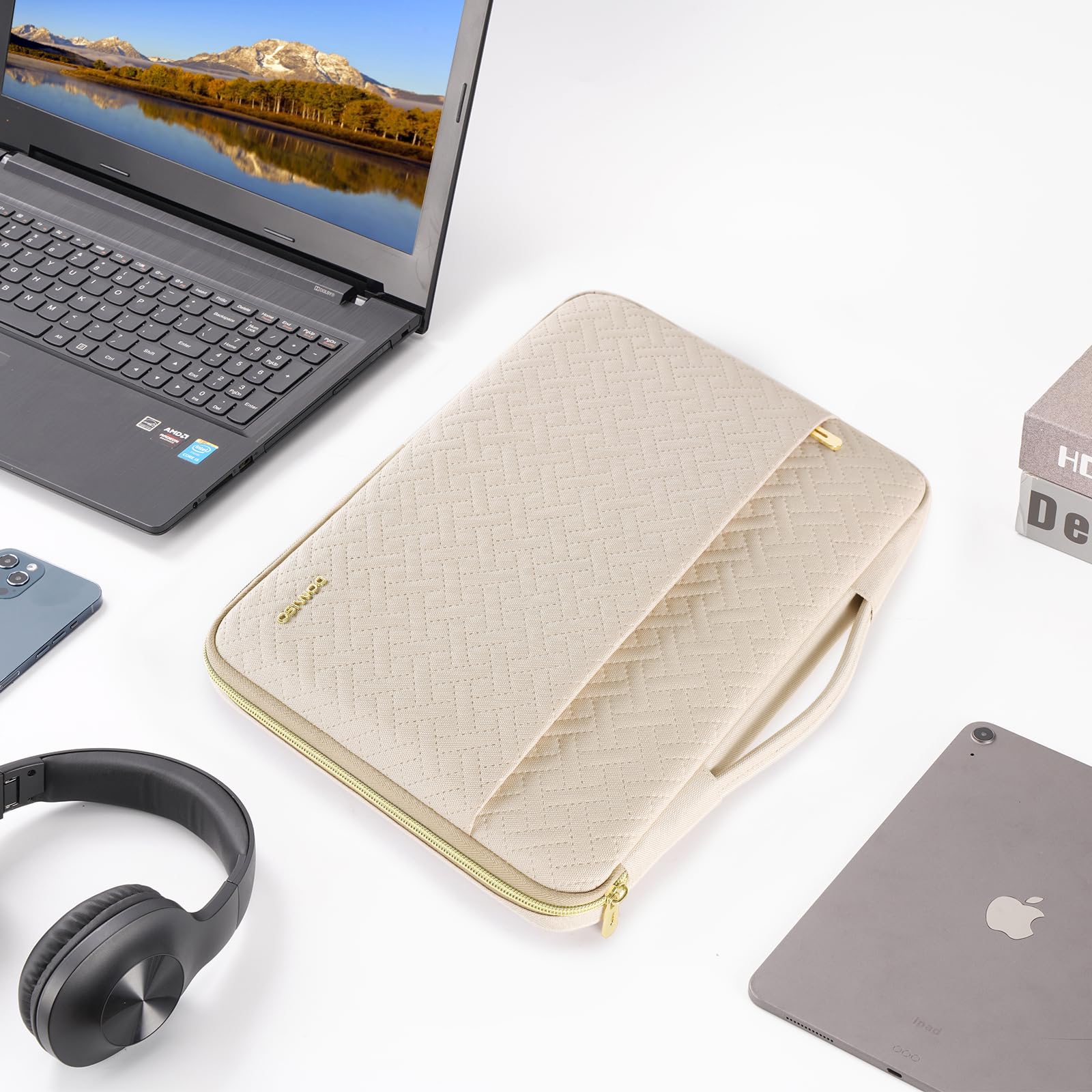 DOMISO 16 Pouces Housse Ordinateur Portable Beige Zip Doré
