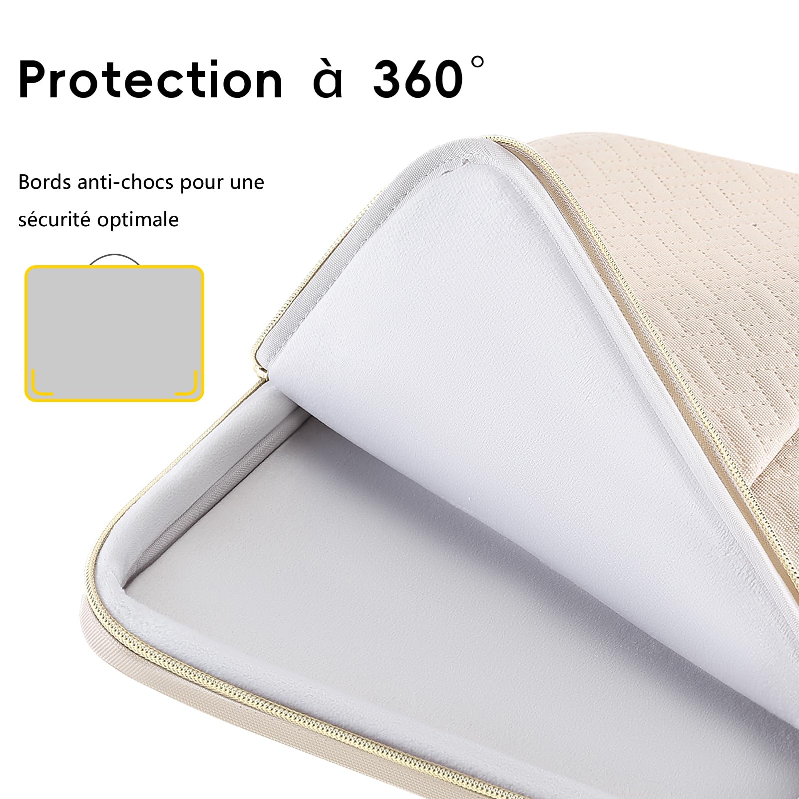 DOMISO 16 Pouces Housse Ordinateur Portable Beige Zip Doré
