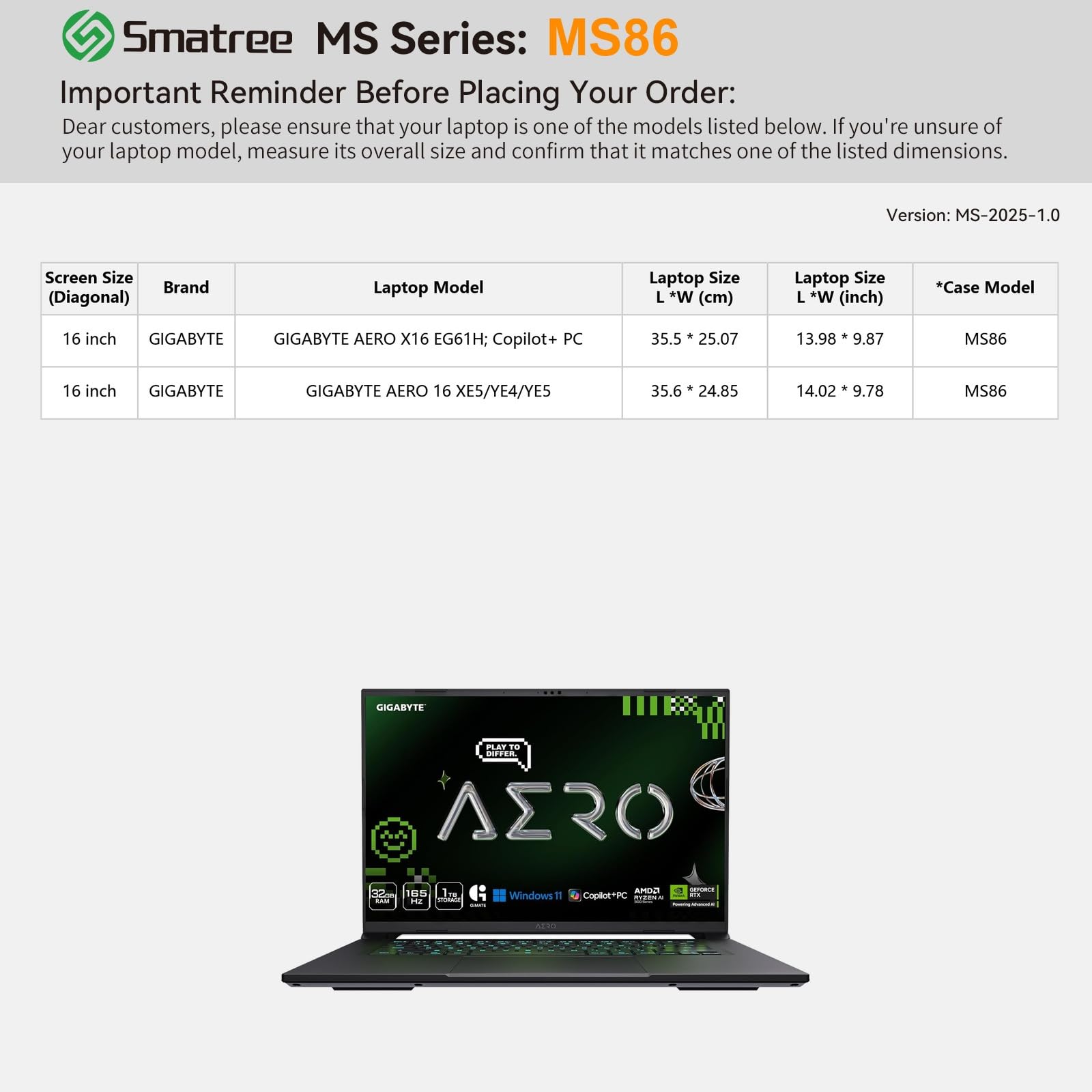 Smatree MS86 housse PC 16 pouces Gigabyte Aero rigide