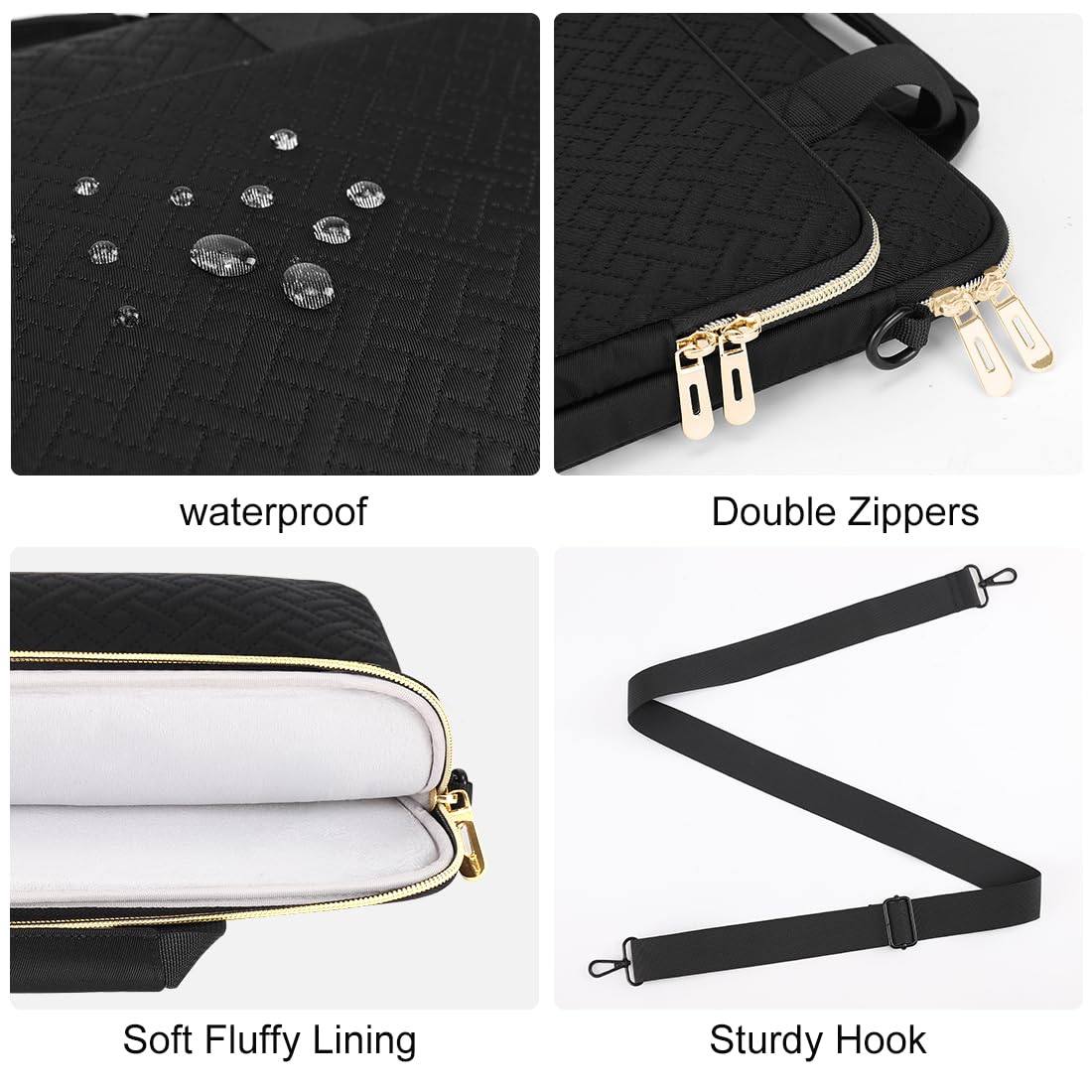 DOMISO 15,6 pouces sacoche ordinateur bandoulière noir zip doré