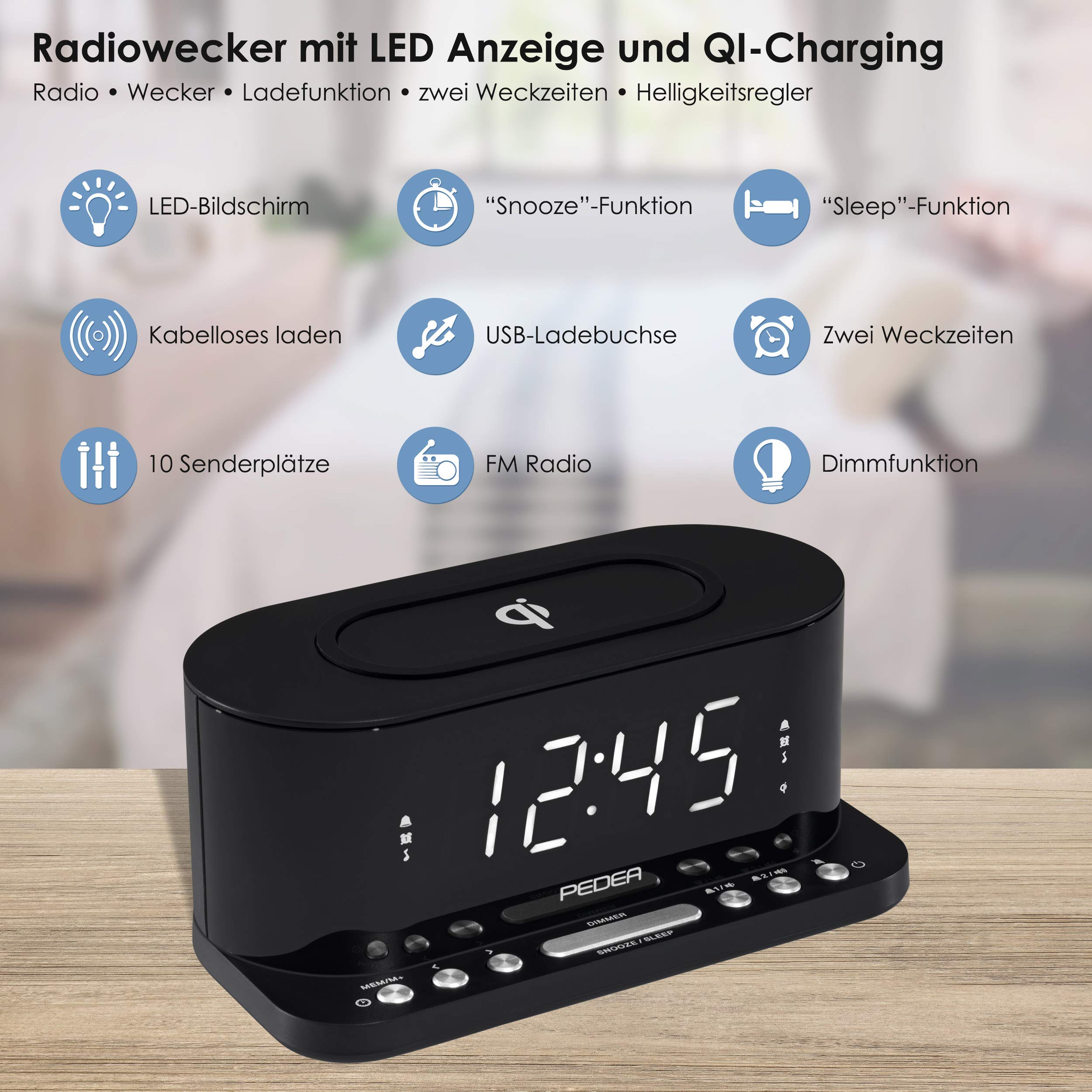 Pedea radio-réveil FM charge Qi noir double alarme