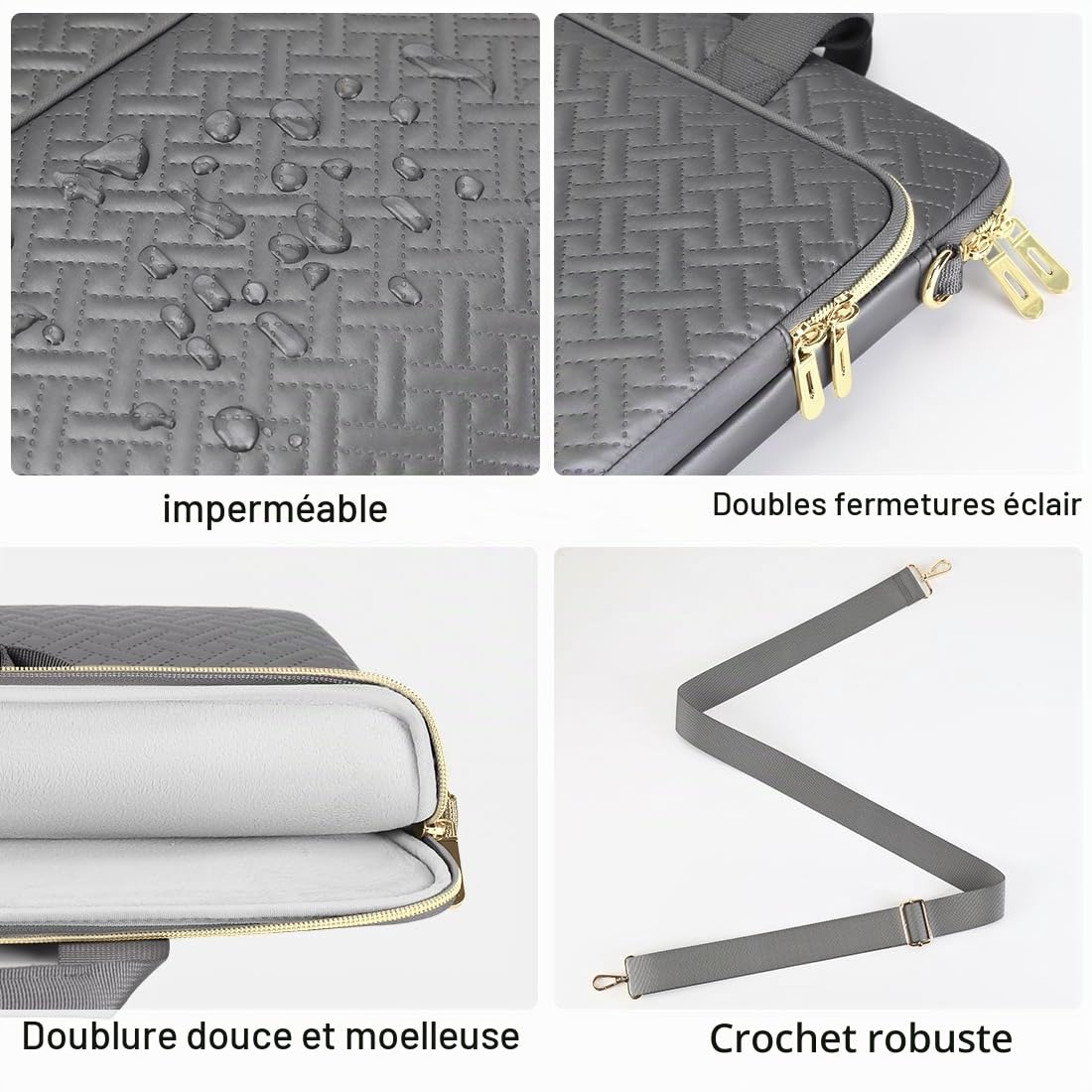 DOMISO sacoche 17,3 pouces ordinateur portable gris bandoulière